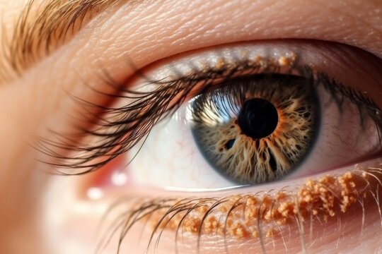 Human Cyborg AI Eye Artificial tear. Eye intraocular lens optic nerve lens ptosis color vision. Visionary iris refraction sight optic nerve eyelashes