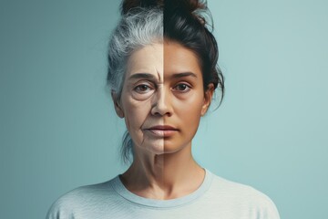Aging immunosenescence. Comparison young to old woman thinning eyelashes. Less Wrinkles, mini facelift, heartiness, lines through skincare, anti aging cream, broken capillaries and face lift - obrazy, fototapety, plakaty
