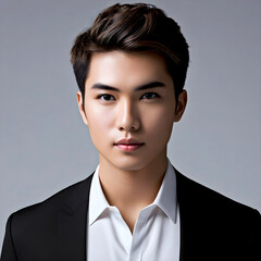 Portrait of a handsome young Asian businessman in a suit - studio photography headshot