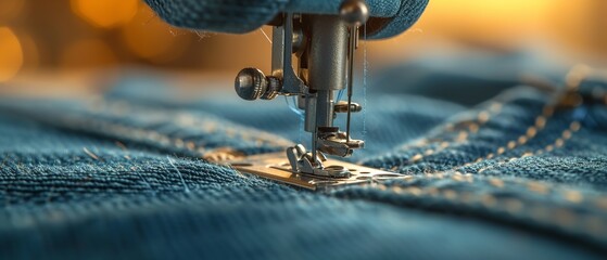 Close shot of sewing machine stitching a jeans pant with empty space, Generative AI. - obrazy, fototapety, plakaty