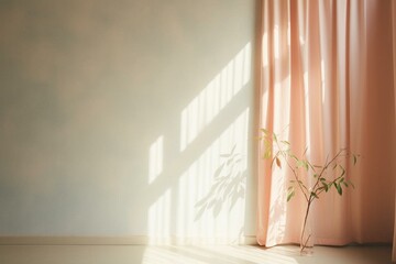 Soothing minimal background with gentle light, painted curtains' shadows on wall. Generative AI