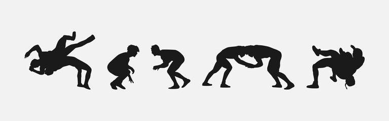 collection of silhouettes wrestling with different pose, gesture. isolated on white background. vector illustration.