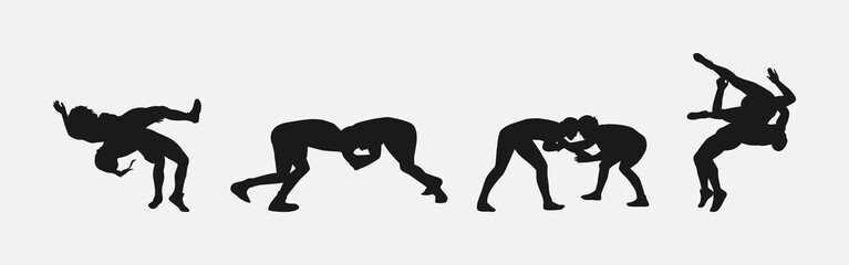 collection of silhouettes wrestling with different pose, gesture. isolated on white background. vector illustration.