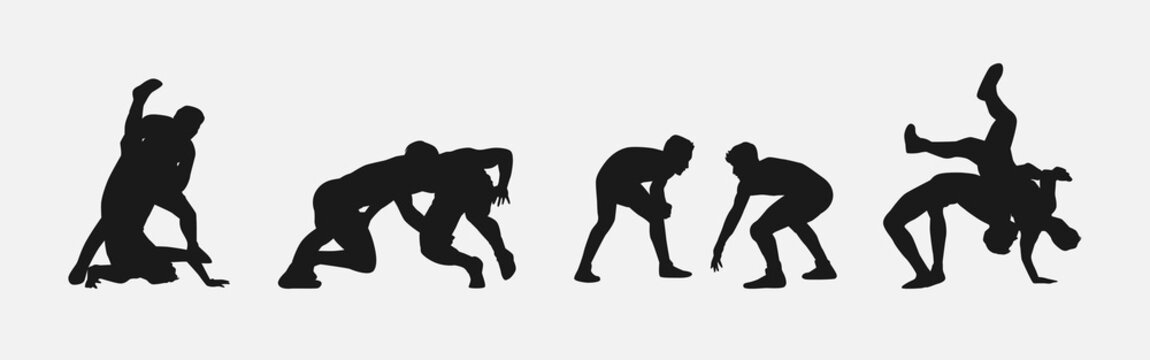 collection of silhouettes wrestling with different pose, gesture. isolated on white background. vector illustration.