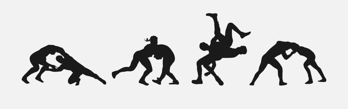 collection of silhouettes wrestling with different pose, gesture. isolated on white background. vector illustration.