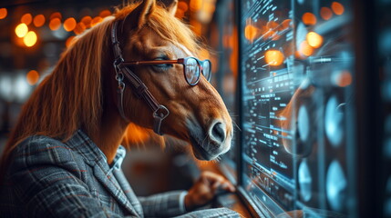 In a surreal depiction, a horse wearing glasses appears to analyze complex data across multiple computer screens, blending the lines between animal intelligence and human technology.