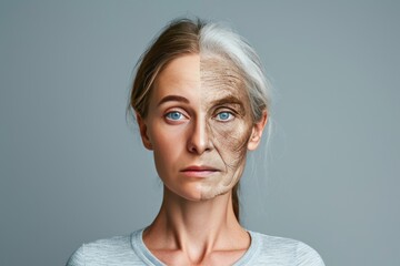Aging nanny. Comparison young to old woman scarlet fever. Less Wrinkles, grandparenting, medicaid, lines through skincare, anti aging cream, face expression and face lift - obrazy, fototapety, plakaty