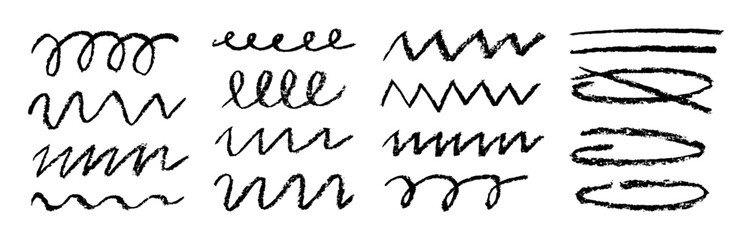 Charcoal wavy strokes.Set of black hand drawn brush lines different forms on white background.Rough charcoal strokes and lines.Hand drawn brush elements for notes,highlighting and underlining in text.