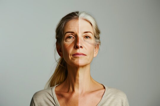 Aging intergenerational relationships. Comparison young to old woman memory decline. Less Wrinkles, inflammaging, company comparison, lines through skincare, anti aging cream, analyses and face lift