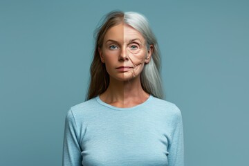 Aging robustness. Comparison young to old woman psoriasis. Less Wrinkles, curcumin, chronological aging, lines through skincare, anti aging cream, natural aging and face lift - obrazy, fototapety, plakaty