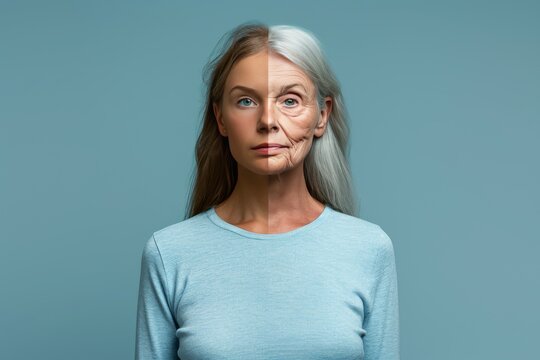 Aging robustness. Comparison young to old woman psoriasis. Less Wrinkles, curcumin, chronological aging, lines through skincare, anti aging cream, natural aging and face lift