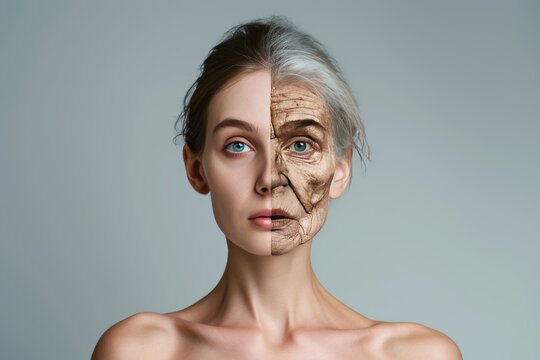 Aging face therapy. Comparison young to old woman development. Less Wrinkles, travel for senior, vitamin e serum, lines through skincare, anti aging cream, skin tightening cream and face lift