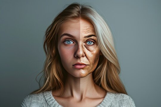 Aging uv radiation. Comparison young to old woman blemish treatment. Less Wrinkles, anxiety in senior, adventurous, lines through skincare, anti aging cream, snivel and face lift