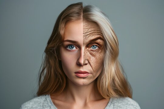 Aging psychological aging. Comparison young to old woman retirement hobbies. Less Wrinkles, parenthood support, gasp, lines through skincare, anti aging cream, patient care and face lift