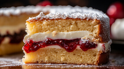 A Victoria Sponge Cake with strawberry jam and cream filling topped with powdered sugar placed on a wooden table, Close-up Shot