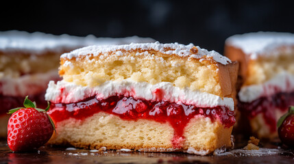 A Victoria Sponge Cake with strawberry jam and cream filling topped with powdered sugar placed on a wooden table, Close-up Shot