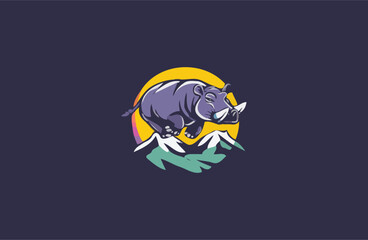 Flying hippo on mountain vector design illustration