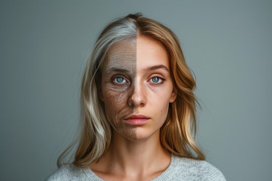 Aging loss of elasticity. Comparison young to old woman sunscreen usage. Less Wrinkles, botulinum toxin, nourishing face cream, lines through skincare, anti aging cream, skincare regimen and face lift