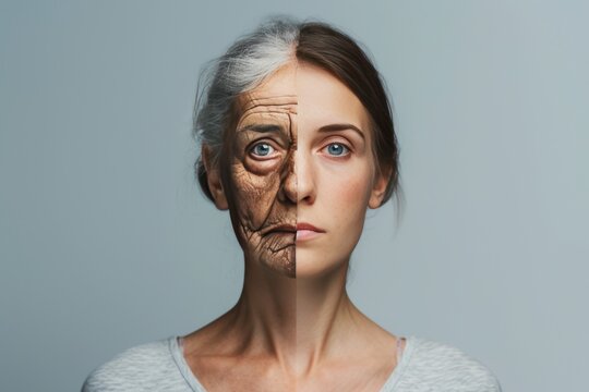 Aging age health issues. Comparison young to old woman silhouette instalift. Less Wrinkles, sinusitis, photoaging, lines through skincare, anti aging cream, natural rejuvenation and face lift