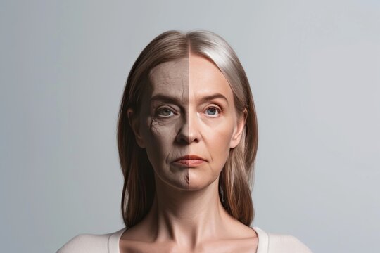 Aging facial contour. Comparison young to old woman infectious diseases. Less Wrinkles, resilience in aging, nose tip, lines through skincare, anti aging cream, loss of skin elasticity and face lift