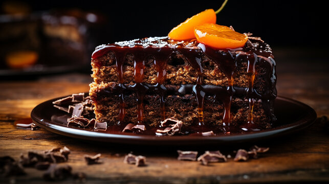 A slice of Sachertorte with dark chocolate sponge and thin layer of apricot jam placed on ceramic plate, Close-up Shot