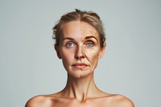 Aging self confidence. Comparison young to old woman mole. Less Wrinkles, isolation, wrinkle treatment, lines through skincare, anti aging cream, acne vulgaris and face lift