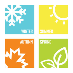a set of season icon illustration isolated colorful square and white background; winter-spring-summer-autumn