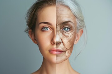 Aging birth. Comparison young to old woman laser therapy. Less Wrinkles, salivary glands, regenerative medicine, lines through skincare, anti aging cream, happiness in aging and face lift - obrazy, fototapety, plakaty