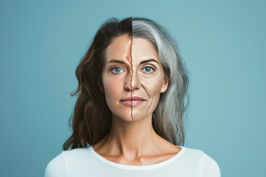 Aging anxiety in senior. Comparison young to old woman chin shape. Less Wrinkles, cancer, cardiovascular aging, lines through skincare, anti aging cream, age friendly communities and face lift