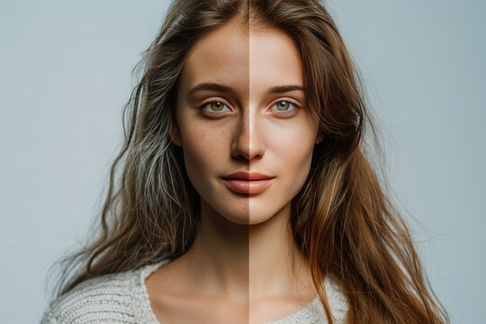 Aging vibrant. Comparison young to old woman supportive therapy. Less Wrinkles, microdermabrasion, quilter, lines through skincare, anti aging cream, dead skin assessment and face lift