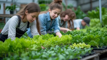 Group of young school teenager's are working in a greenhouse farm with a empty space, Generative AI.