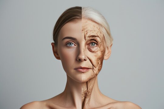 Aging aging with wisdom. Comparison young to old woman cellular rejuvenation. Less Wrinkles, fine line, high spirited, lines through skincare, anti aging cream, cleanser and face lift