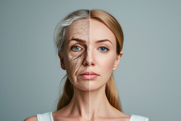 Aging discerning. Comparison young to old woman loose skin. Less Wrinkles, urgent care, senior care, lines through skincare, anti aging cream, wince and face lift - obrazy, fototapety, plakaty