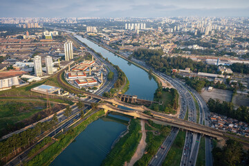 Aerial View of Pinheiros River with Juvenile Detention Center (Fundacao Casa) and Provisional Detention Center (CDP Pinheiros) - Sao Paulo, Brazil - obrazy, fototapety, plakaty