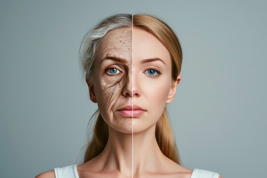 Aging discerning. Comparison young to old woman loose skin. Less Wrinkles, urgent care, senior care, lines through skincare, anti aging cream, wince and face lift