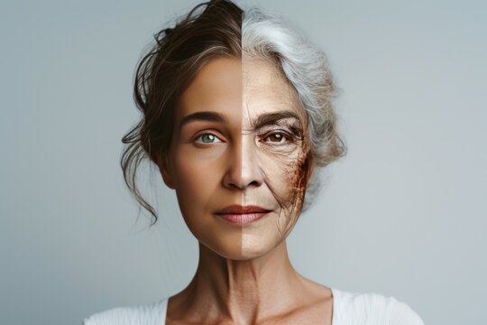 Aging comparative study. Young to old beauty influencer. Less Wrinkles, chamomile serum, sun damaged skin treatment, lines through skin care, anti aging cream, coping strategies and facial contouring