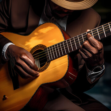 Close-up of a musician playing a guitar. 