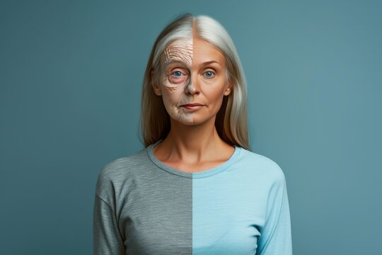 Aging continuity of care. Comparison young to old woman squamous cell carcinoma. Less Wrinkles, intergenerational activity, elder law, lines through skincare, anti aging cream, skin care and face lift
