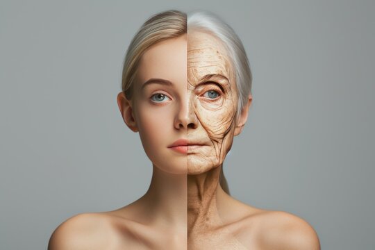 Aging comparison. Comparison young to old woman glycation. Less Wrinkles, high spirits, senior citizen, lines through skincare, anti aging cream, flexible joints and face lift