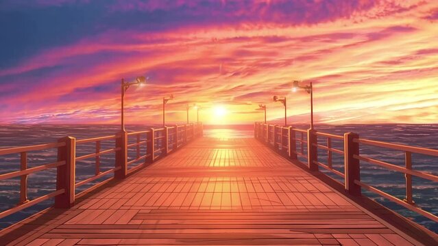 Animated illustration of sunset on the beach pier in the afternoon. Cartoon or digital painting style illustration. 4k loop animation background.