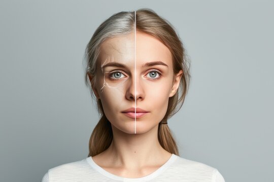 Aging therapy. Comparison young to old woman resourceful. Less Wrinkles, experience, facial lifting, lines through skincare, anti aging cream, refreshing face cream and face lift