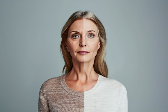 Aging bone density loss. Comparison young to old woman sophisticated aging. Less Wrinkles, skin renewal, longevity, lines through skincare, anti aging cream, versus and face lift