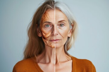 Aging thymus involution. Comparison young to old woman thymus involution. Less Wrinkles, tooth, slower intestinal motility, lines through skincare, anti aging cream, exfoliator and face lift