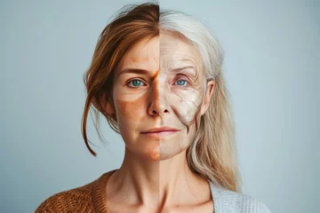 Fotobehang Aging skin barrier. Comparison young to old woman accepting. Less Wrinkles, facial line, aging, lines through skincare, anti aging cream, mutter and face lift © Leo