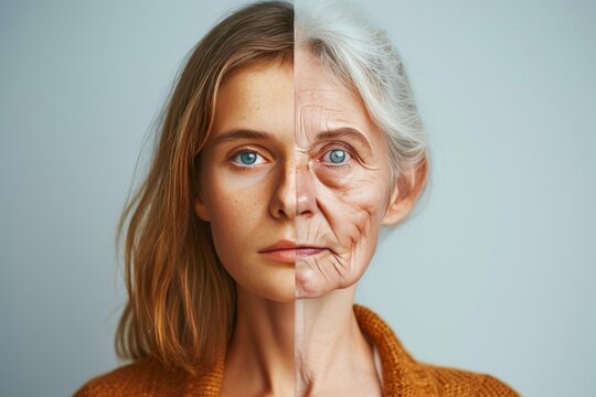 Aging dark spot treatment. Comparison young to old woman platelet rich plasma. Less Wrinkles, flaky skin, forehead wrinkles, lines through skincare, anti aging cream, ecchymosis and face lift