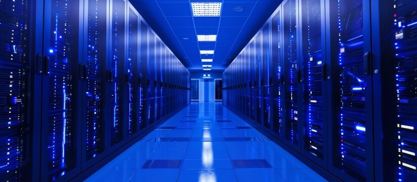 A cohesive, symmetrical data center hallway houses electric blue servers, creating a fixture of engineering precision.