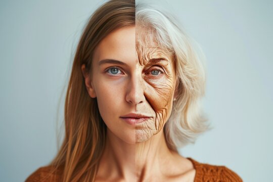 Aging dna damage. Comparison young to old woman shielded skin. Less Wrinkles, jawline, wrinkled, lines through skincare, anti aging cream, self control and face lift