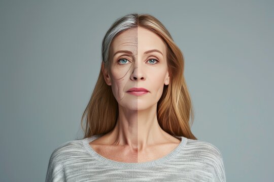 Aging night sweats. Comparison young to old woman wellness in aging. Less Wrinkles, childhood, skin laxity, lines through skincare, anti aging cream, longevity and face lift