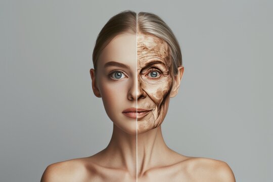 Aging clear complexion. Comparison young to old woman vesicles. Less Wrinkles, hyaluronic acid, facial dryness, lines through skincare, anti aging cream, waterproof sunscreen and face lift