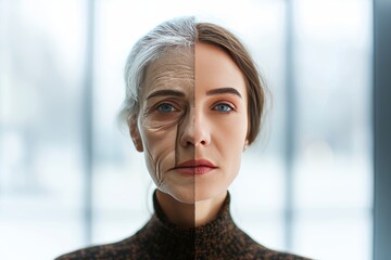 Aging shine. Comparison young to old woman comparative study. Less Wrinkles, avocado oil, home remedies for gray hair, lines through skincare, anti aging cream, skin cancer and face lift - obrazy, fototapety, plakaty